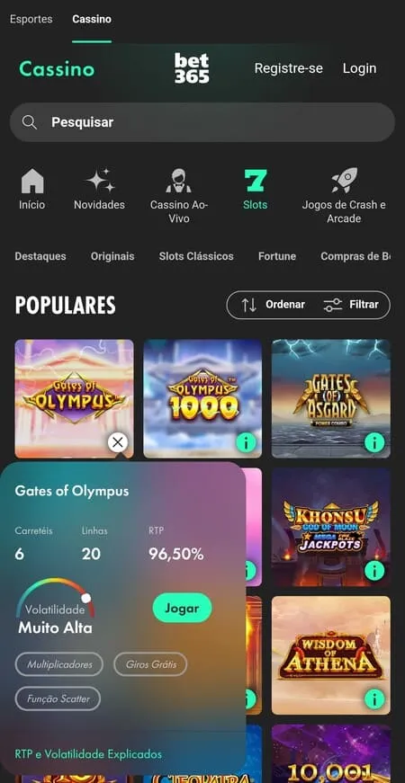 Gates of Olympus na Bet365 entre os slots populares ao lado da versão Gates of Olympus 1000.
