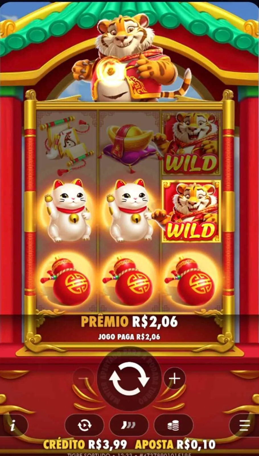 Prêmio de R$2,06 no Tigre Sortudo slot, com duas linhas de pagamento na horizontal