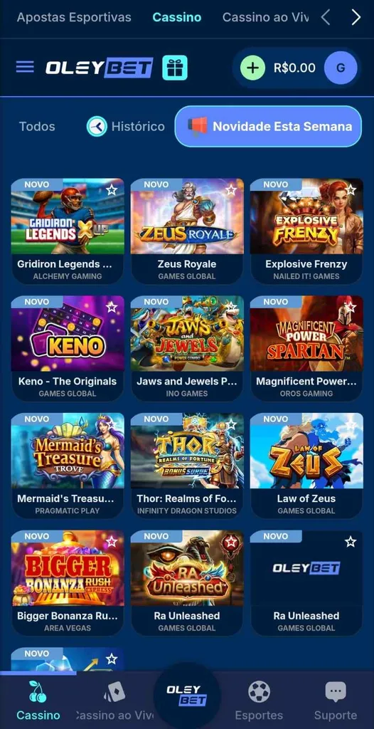 Seção Novidades da Semana do cassino da Oleybet com slots variados.