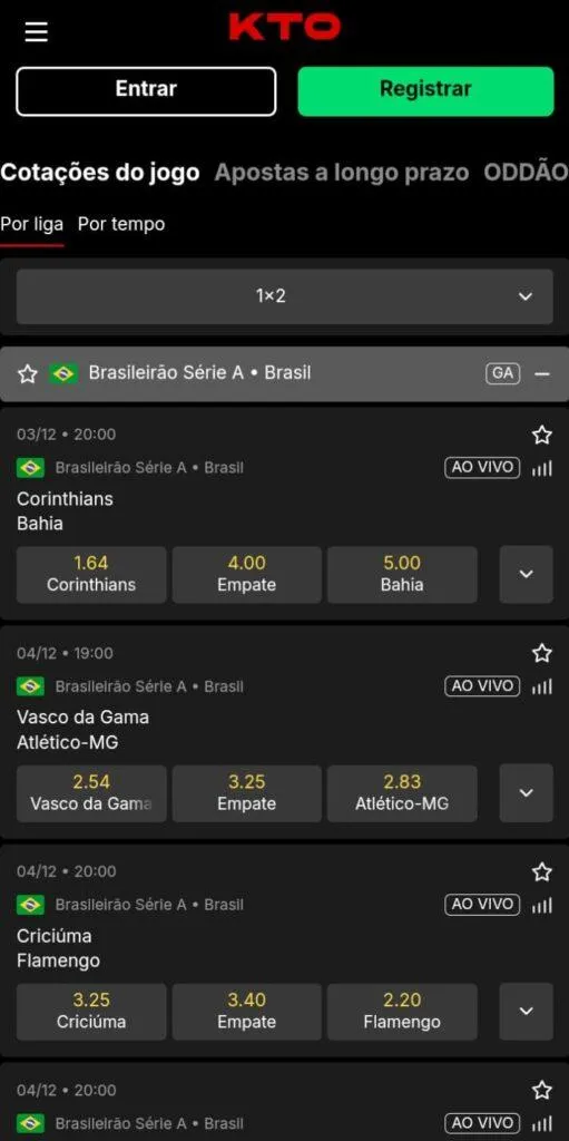 Lista das odds de jogos do Brasileirão Série A da KTO, incluindo Corinthians x Bahia e Vasco da Gama x Atlético-MG