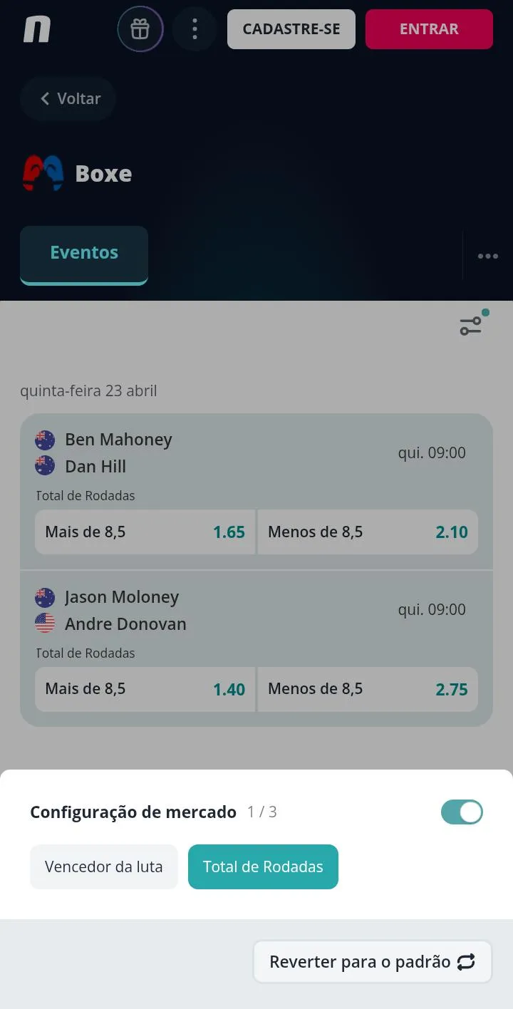 Lista de duas lutas de boxes na Novibet configuradas para o mercado de Total de Rodadas mais/menos
