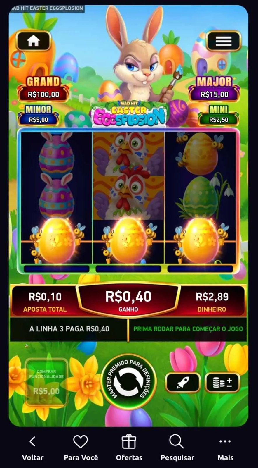 Slot na Betano de Páscoa Mad Hit Eggsplosion com jackpots na tela do mini ao major e combinação com 3 ovos coloridos.