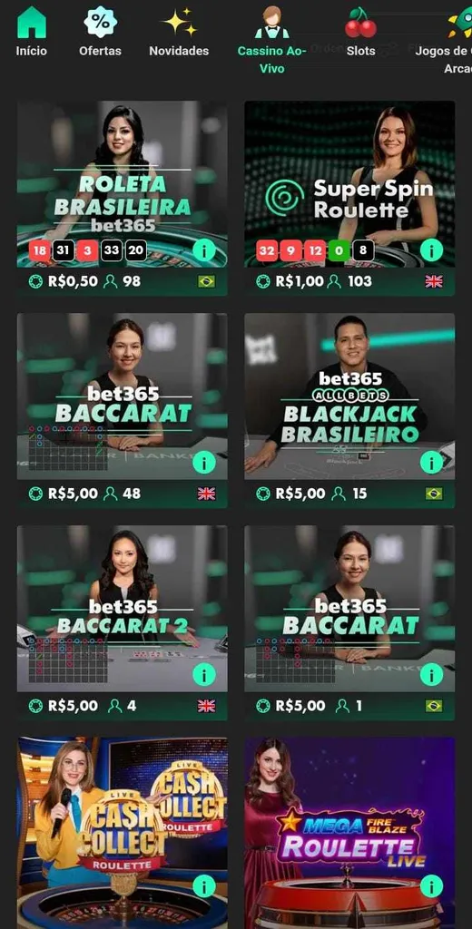 Grade com ícones de 8 jogos da Playtech do cassino ao vivo Bet365, incluindo Roleta Brasileira e Blackjack Brasileiro

