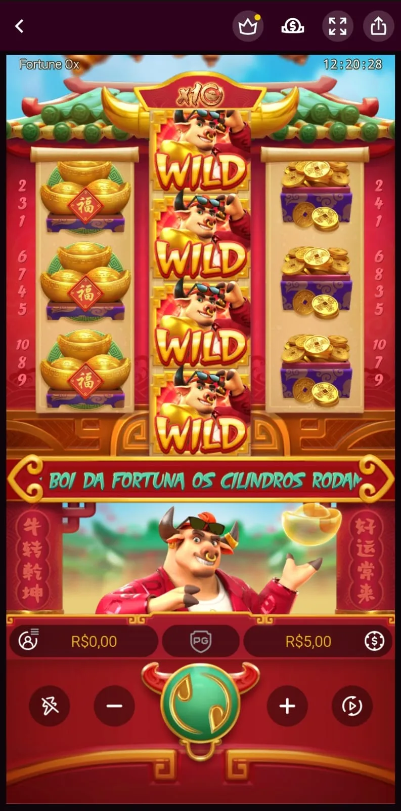 Tela inicial do Fortune OX com 3 simbolos de Wild na bobina central