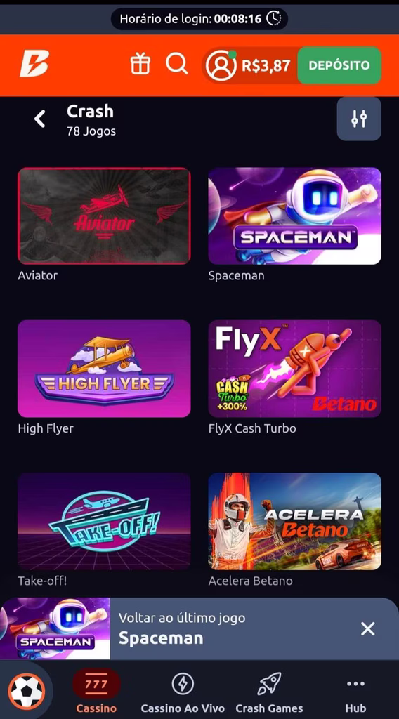 Crash games na Betano com Spaceman, Aviator, FlyX e mais.