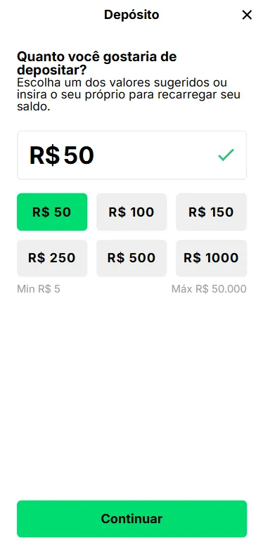 Formulário de depósito da KTO com um valor de depósito de R$5