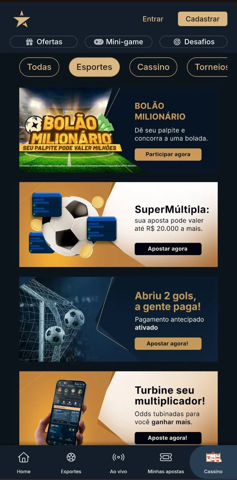 Bônus de esportes da Estrelabet, incluindo Bolão Milionário, SuperMúltipla e Pagamento antecipado.