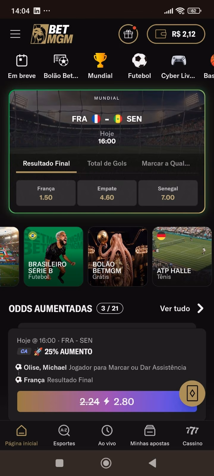 Boosts especiais com odds aumentadas em 25% da BetMGM, disponível para a partida entre França x Senegal.