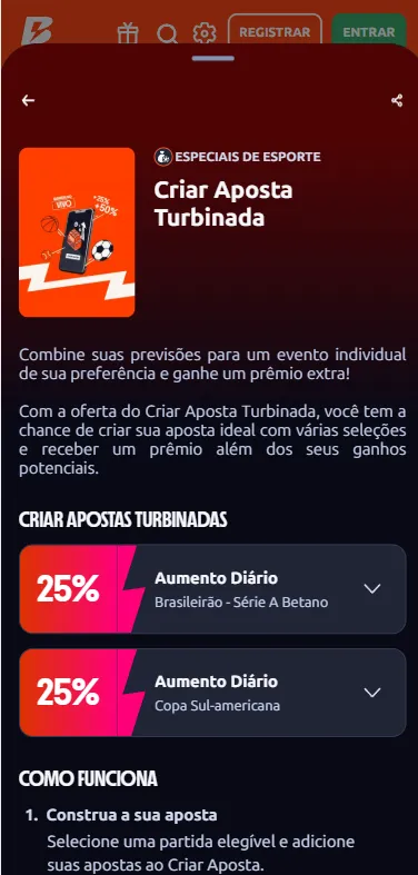 Página do Criar Aposta Turbinada na Betano com aumento diário de 25% na Série A do Brasileirão e Sul-Americana