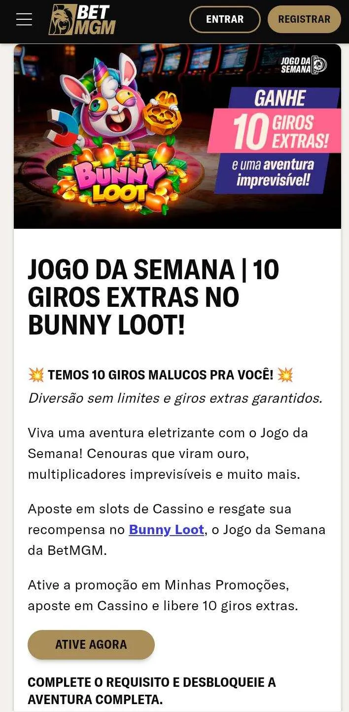 Oferta Jogo da Semana | 10 giros extras no Bunny Loot da BetMGM, com botão de Ative Agora