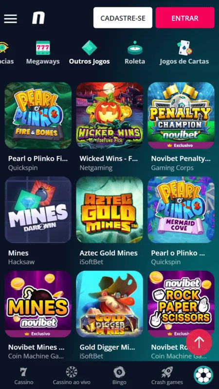 Jogo Mines na Novibet com outros jogos do catálogo, como Peark Plinko.