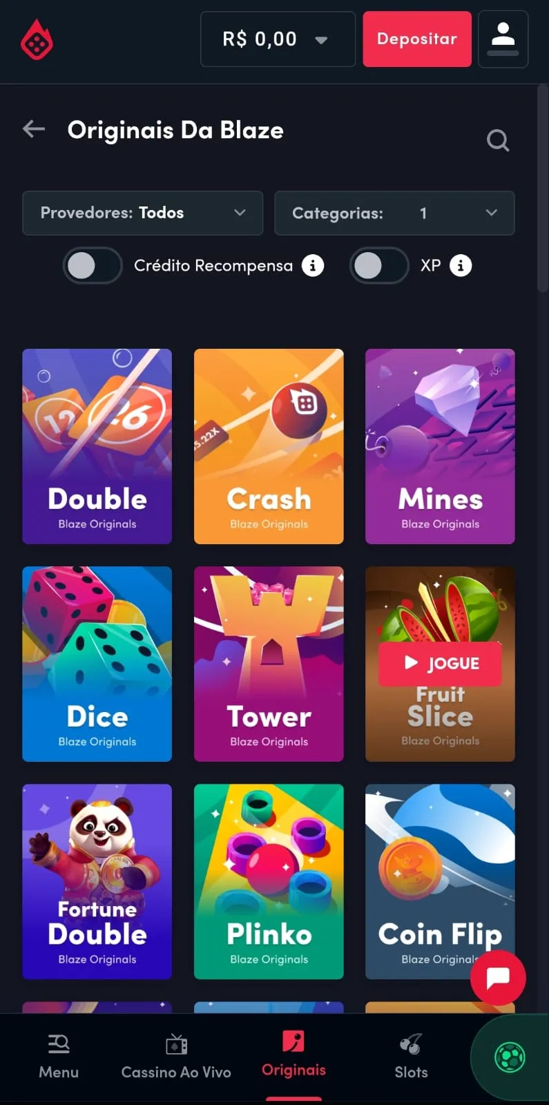 Jogos originais da Blaze, incluindo Double, Crash e Fortune Double
