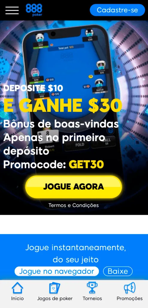 Oferta de boas-vindas da 888poker com informação de ganho de 30 dólares a cada 10 depositados.