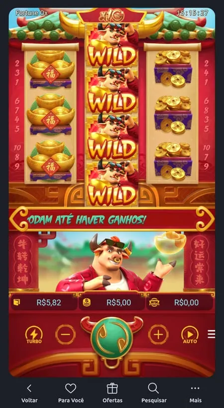 Jogo Fortune Ox com símbolos wilds no meio das colunas da grade 3-4-3 e aposta a R$ 5