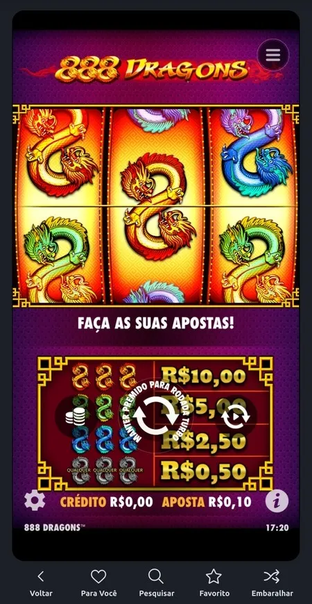 888 Dragons com aposta de 10 centavos definida para a próxima rodada.