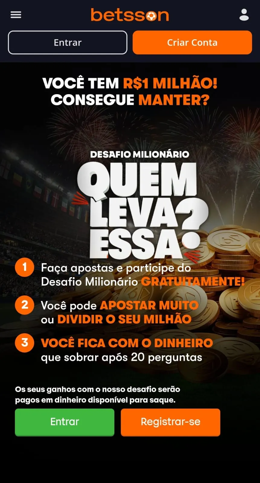 Tela mobile do Desafio Milionário da Betsson para a Copa do Mundo 2026
Data: 09/07/2026