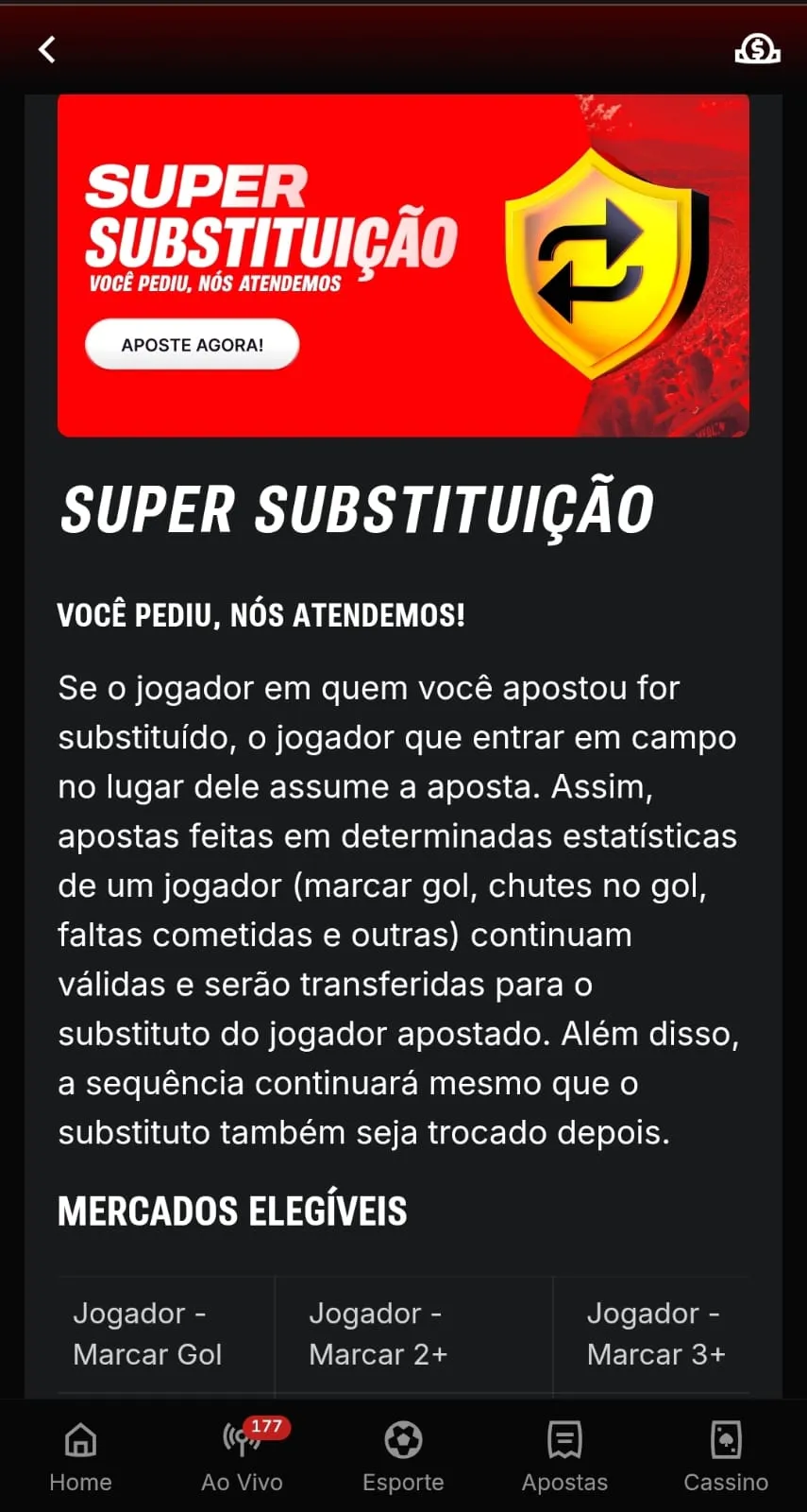 Oferta de Super Substituição da Superbet, com banner e texto explicativo sobre como funciona a promoção.