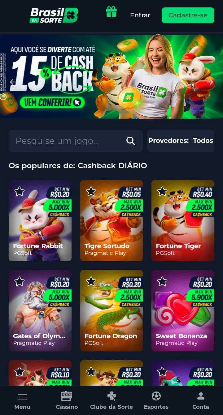 Banner do cashback de 15% da Brasil da Sorte e jogos populares válidos, incluindo Fortune Rabbit e Tigre Sortudo