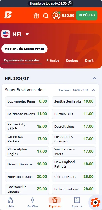 Odds para Super Bowl no mercado de Vencedor com Rams como favorito na Betano
