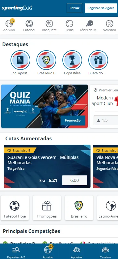 Banner do Quiz Mania da Sportingbet e cotas aumentadas para Guarani e Goias vencem