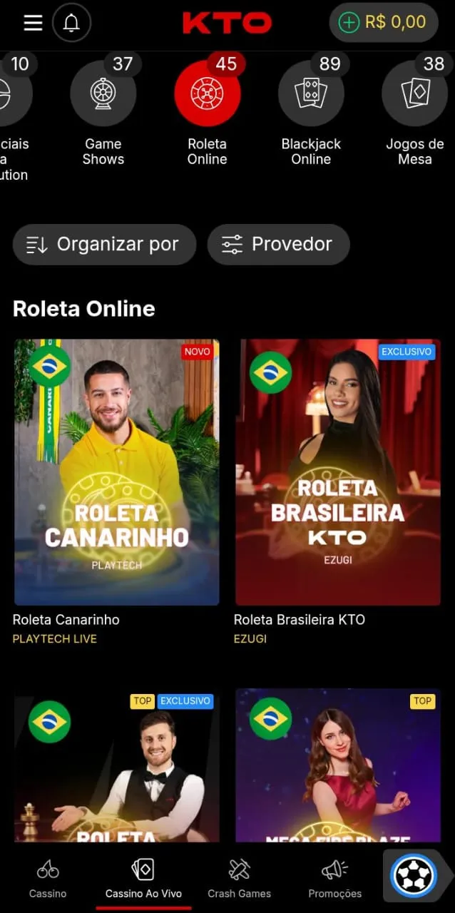Exibição de 4 das 45 roletas online da KTO, incluindo Roleta Canarinho e Roleta Braisleira KTO
