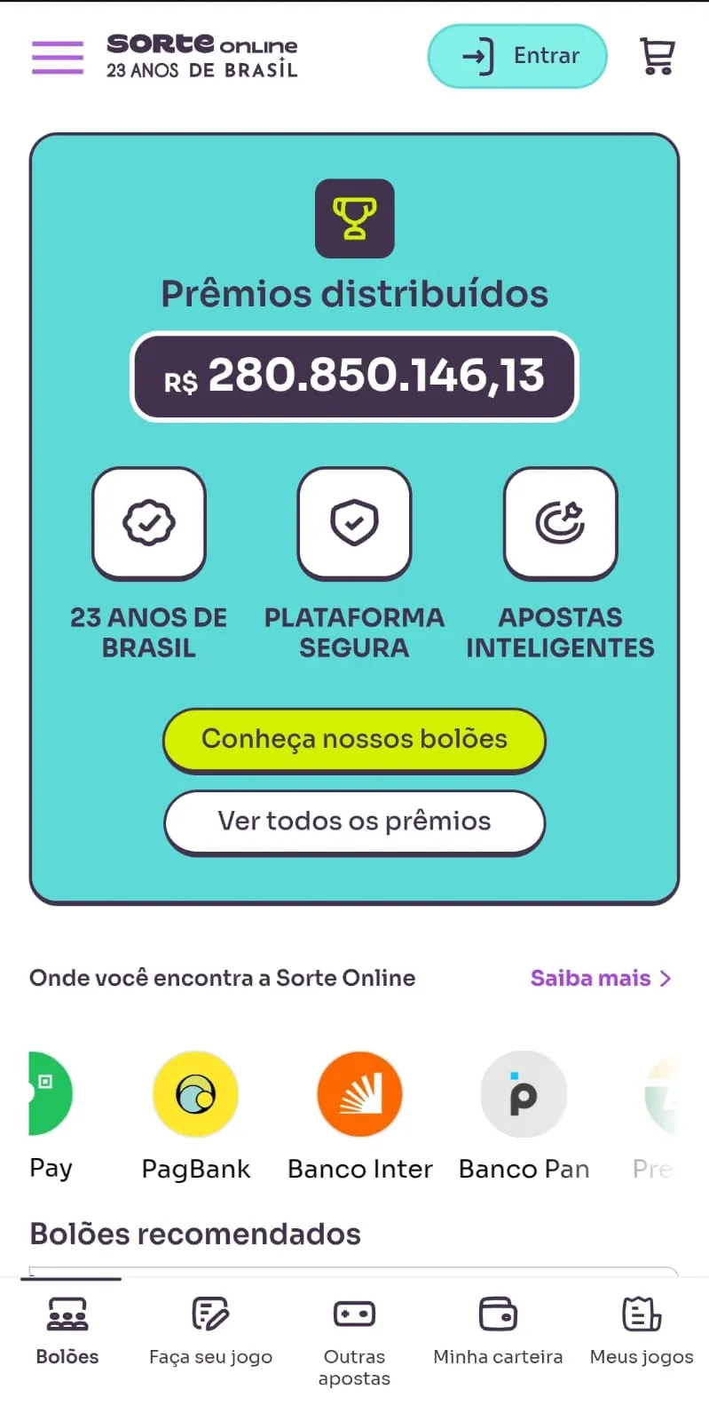 Informe de prêmio distribuído de mais de R$ 280 milhões no site da Sorte Online.