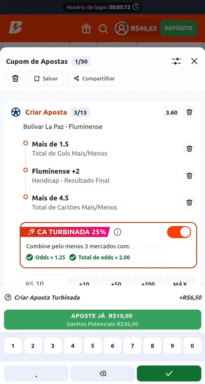 Criar Aposta para o jogo Blivar La Paz - Fluminense na Betano, com odds de 3.60 e CA turbinada de 25%