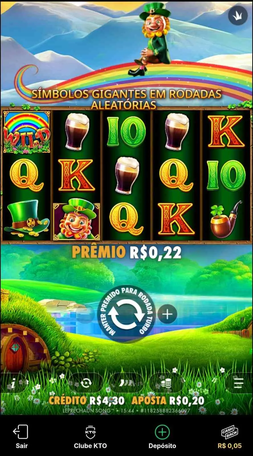  Slot Leprechaun Song na KTO com tema irlandês musical, prêmio na tela de R$0,22 para aposta de R$0,20.
