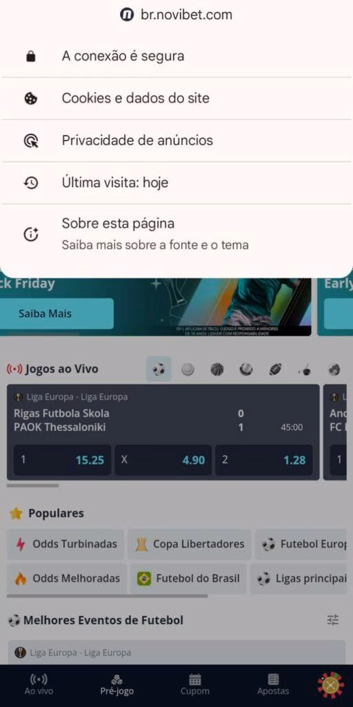 Novibet com tela de informações sobre a segurança do site de apostas aberta