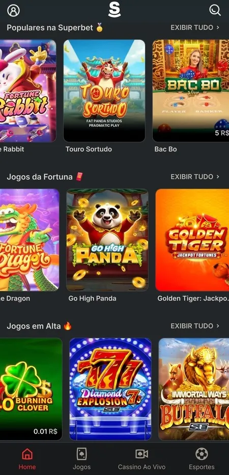 Cassino da Superbet com listas de slots mais populares, jogos da fortuna e jogos em alta na plataforma.