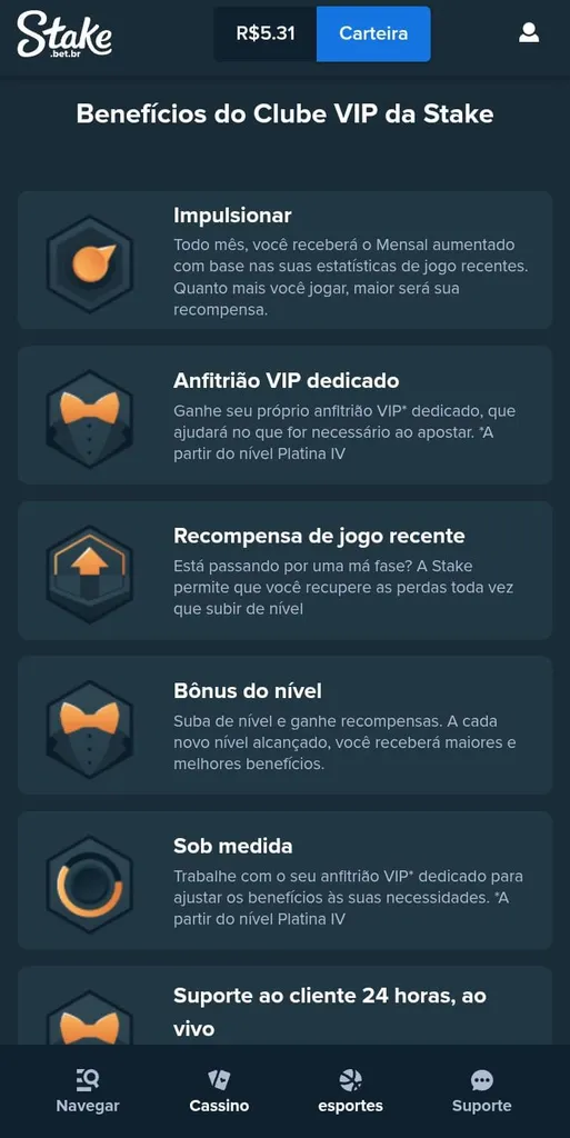 Lista com ícones e texto explicativo do benefícios do Clube VIP da Stake, incluindo Impulsionar e Anfitrião VIP dedicado