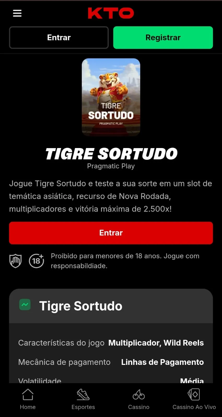 Painel de informações do Tigre Sortudo na KTO.
