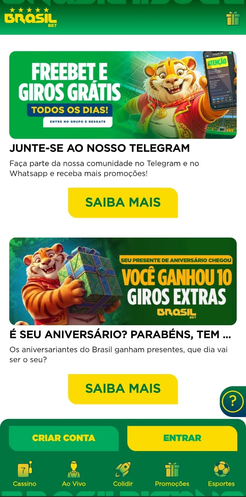 Ofertas da Brasilbet com freebets e giros grátis no grupo do Telegram e giros extras no seu aniversário.