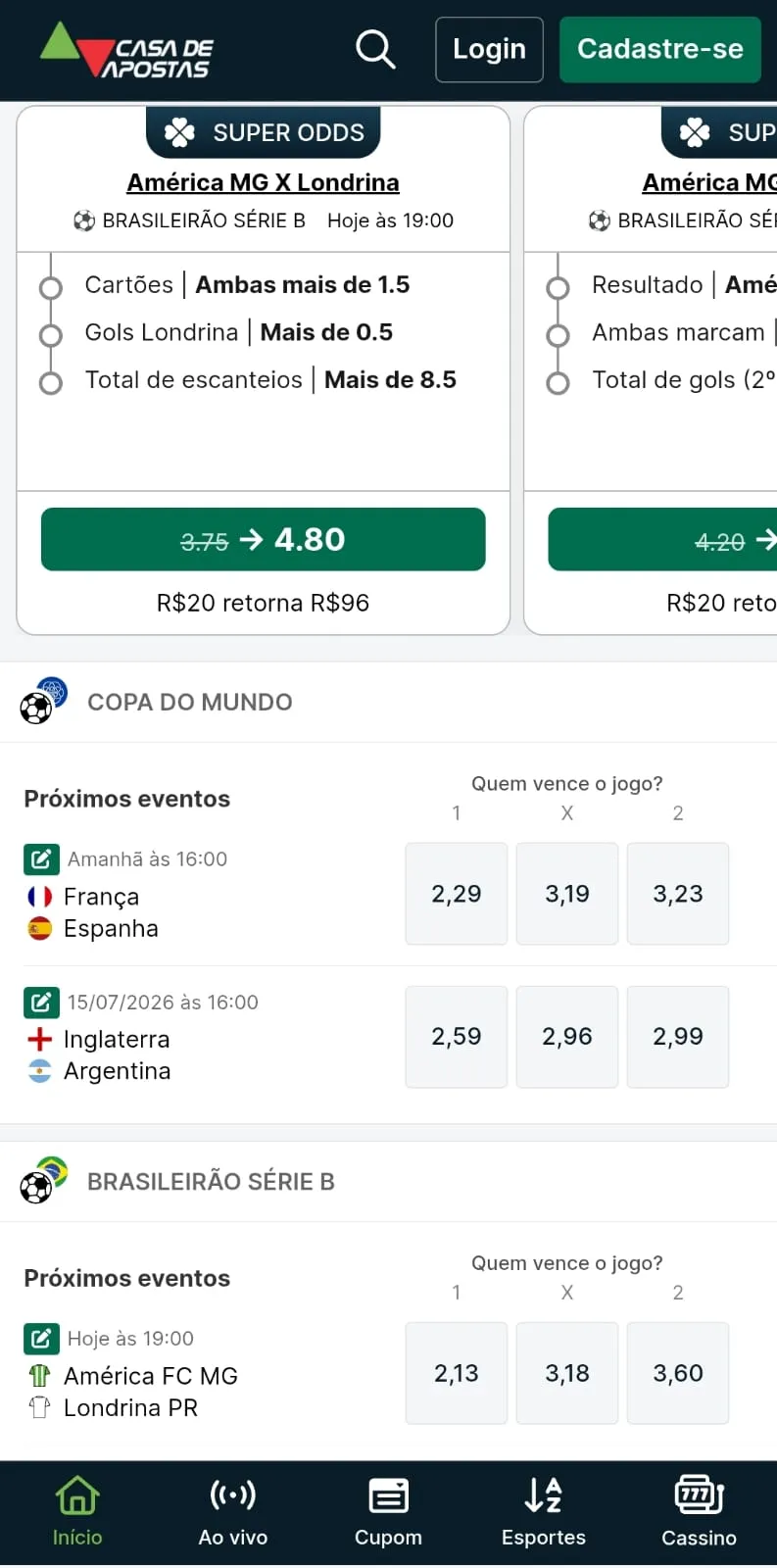 Apostas no Mundial de Seleções na Casa de Apostas com atualização rápida e ofertas de Super Odds.