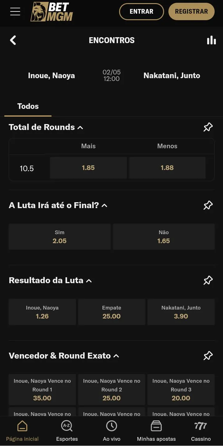 Mercados para a luta de Inoue, Naoya vs Nakatani, Junto na BetMGM, incluindo Total de rounds e A Luta Irá até o Final?
