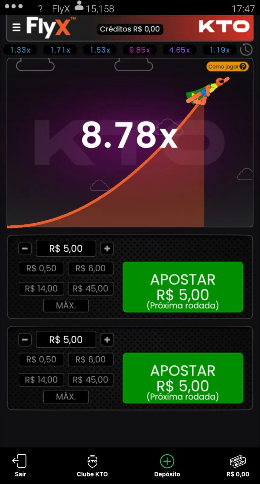 Print do jogo FlyX em funcionamento na KTO com paínel de apostas aparente
Data: 12/05/26