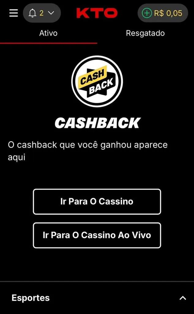 Cashback KTO com informação de que o reembolso ativo aparece ali e botões para acesso ao cassino e cassino ao vivo.