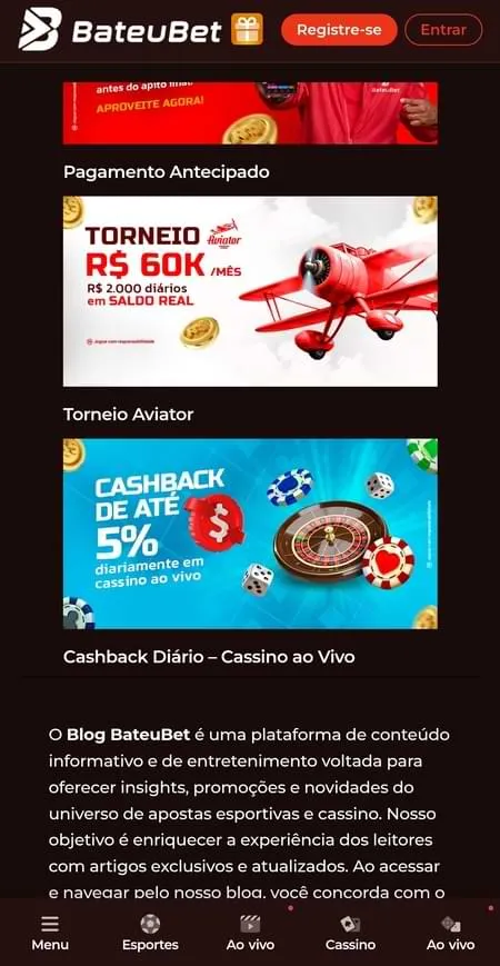 Cassino Bateubet com torneio Aviator com prêmio de R$ 60.000 e cashback diário de 5%.