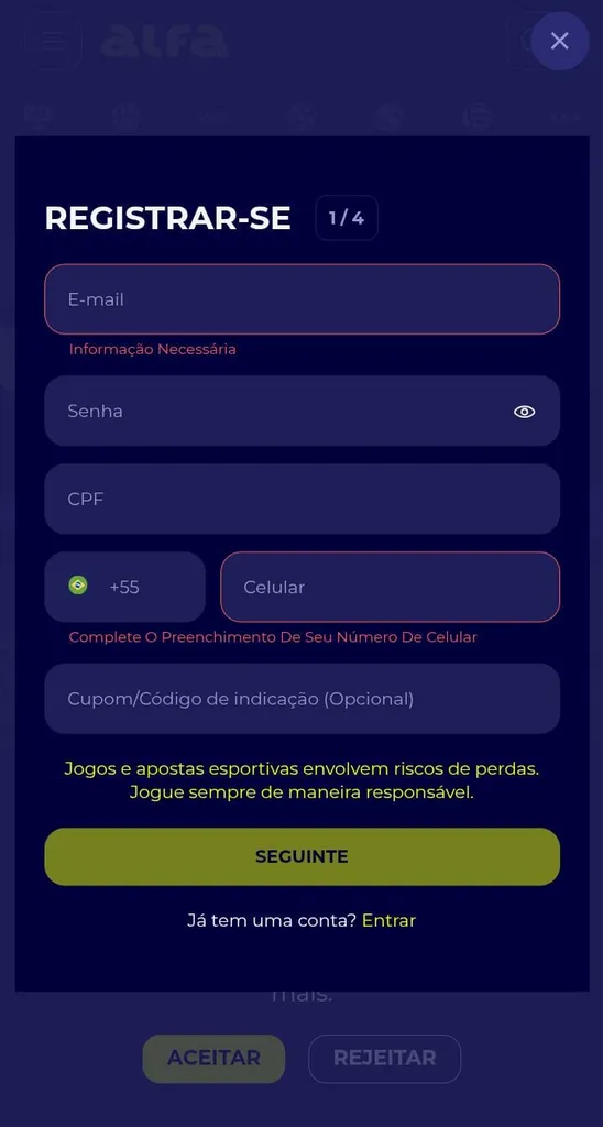 Formulário de cadastro da Alfabet, com campos de e-mail, senha, CPF, celular e codigo de indicação vazios