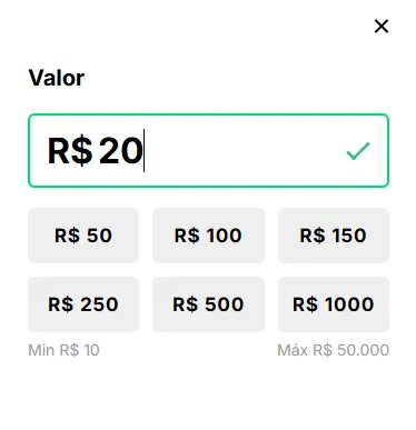 Formulário de depósito na kto com valor de R$ 20 preenchido.