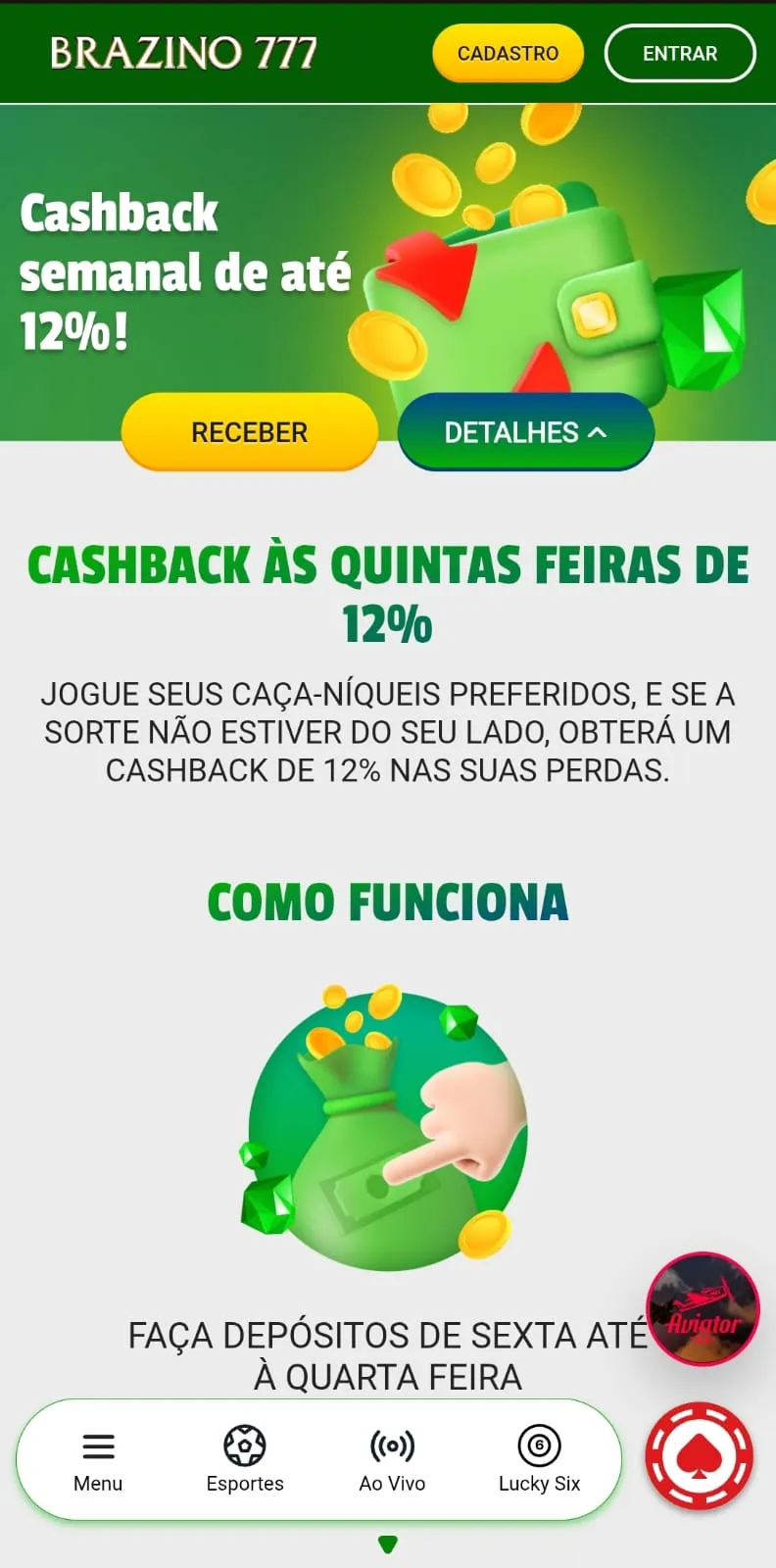 oferta de cashback semanal até 12% na Brazino777, com diferentes níveis de reembolso para as suas perdas nos slots.
Data: 01/07/2026