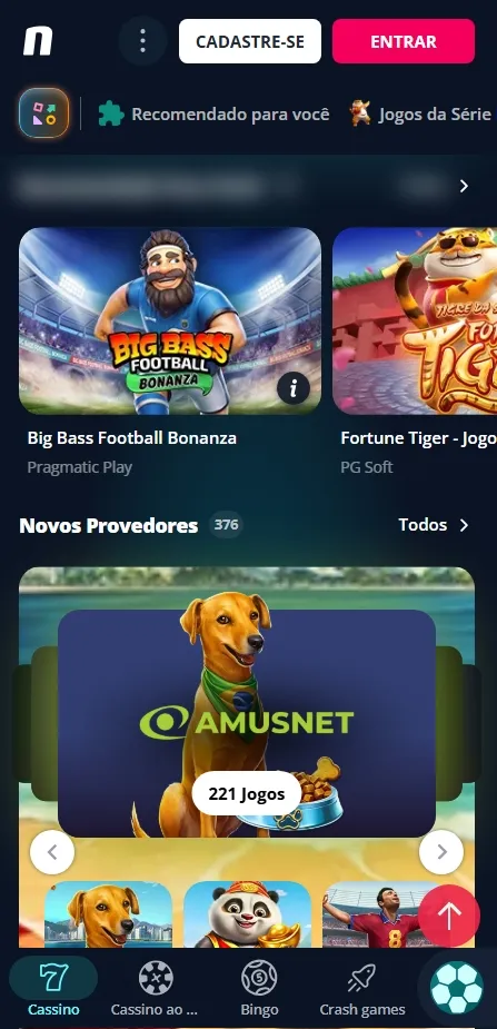 Cassino da Novibet com destaque para Amusnet como novo provedor e o jogo Big Bass Football Bonanza