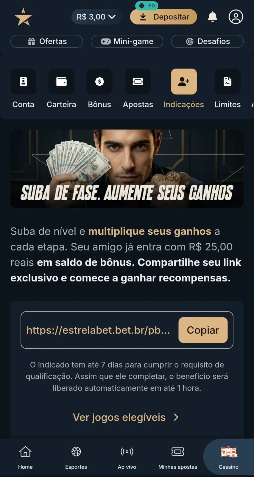 Print da página promocional do programa de indicação da Estrelabet.
