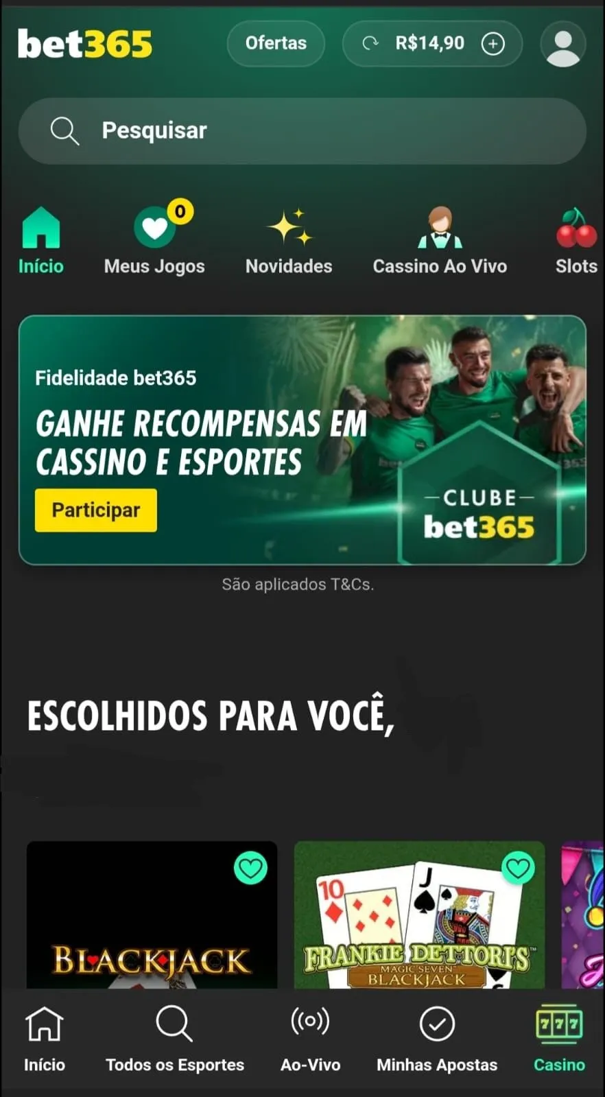 Cassino da Bet365 com filtros para jogos favoritos, novidades, além de recomendações para o usuário.