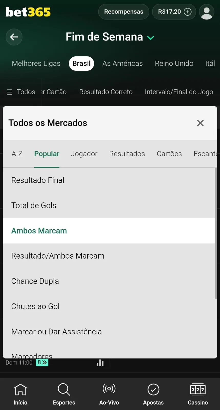 Página do mercado de Ambos Marcam nas apostas no futebol brasileiro na bet365