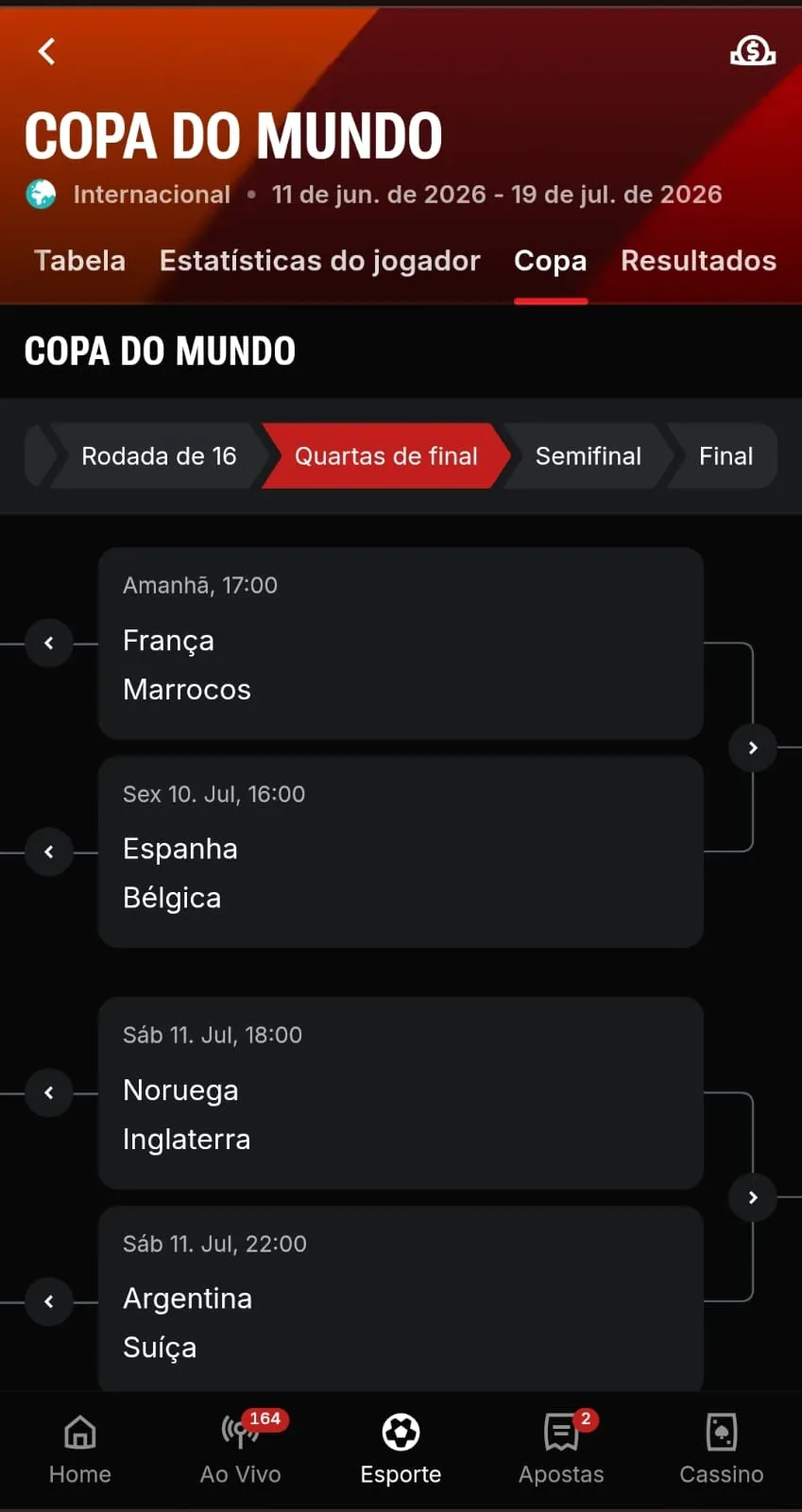  Tabela das quartas de final do Copa na Superbet