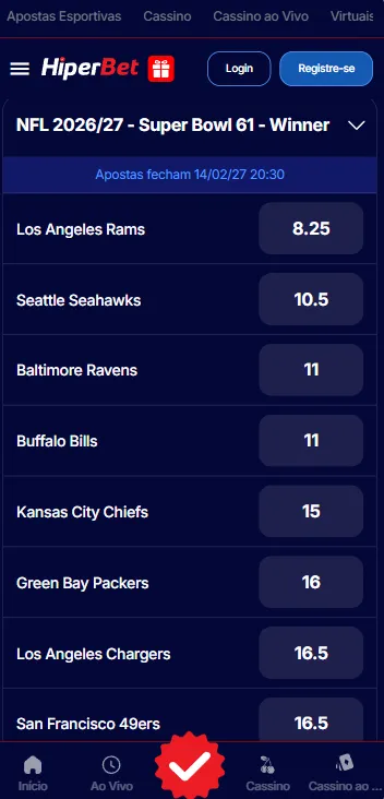 Odds da Super Bowl na NFL 2026/27