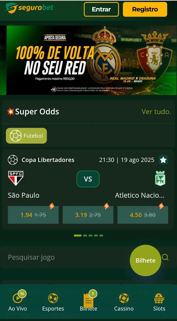 Oferta de Super Odds na Segurobet para o jogo São Paulo x Nacional pela Libertadores