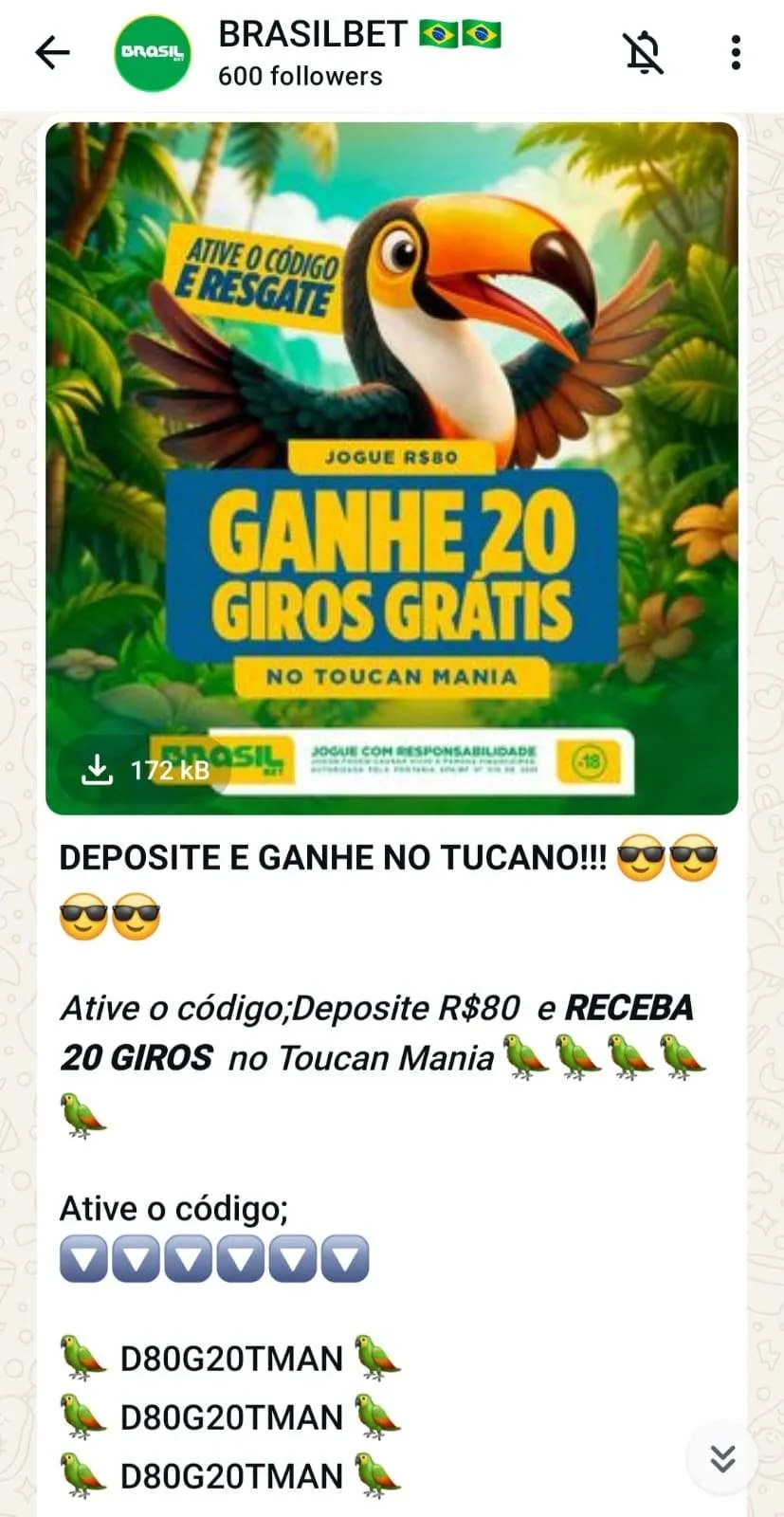 Oferta da Brasil Bet pelo canal do Whatsapp com 20 giros grátis no Toucan Mania e códigos para ativar.