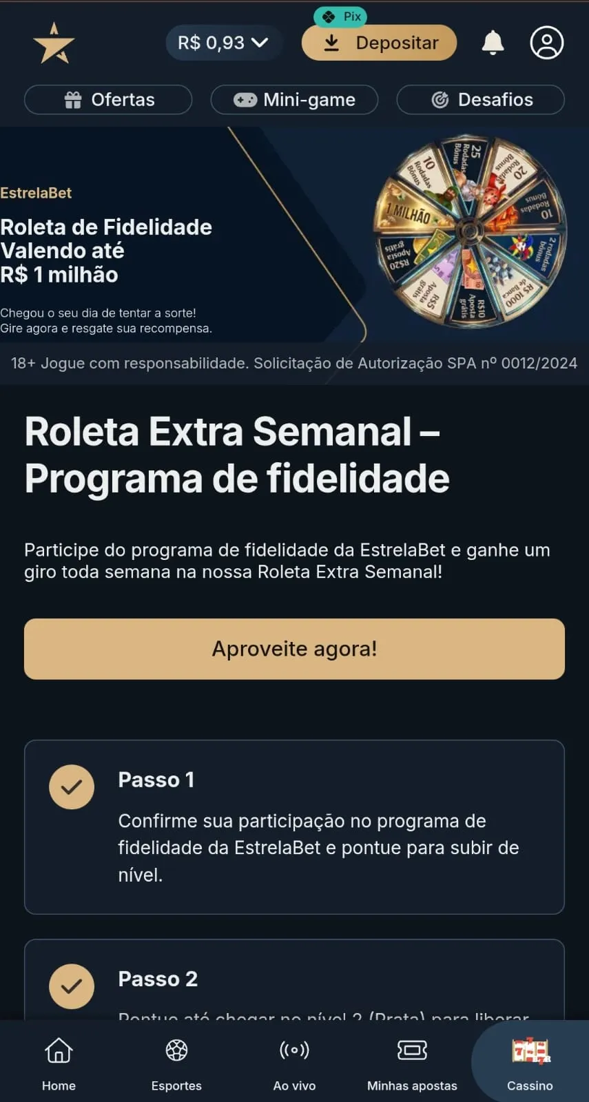 Print da página da Roleta Extra Semanal da Estrelabet, oferta do programa de fidelidade com prêmios de até R$ 1 milhão.